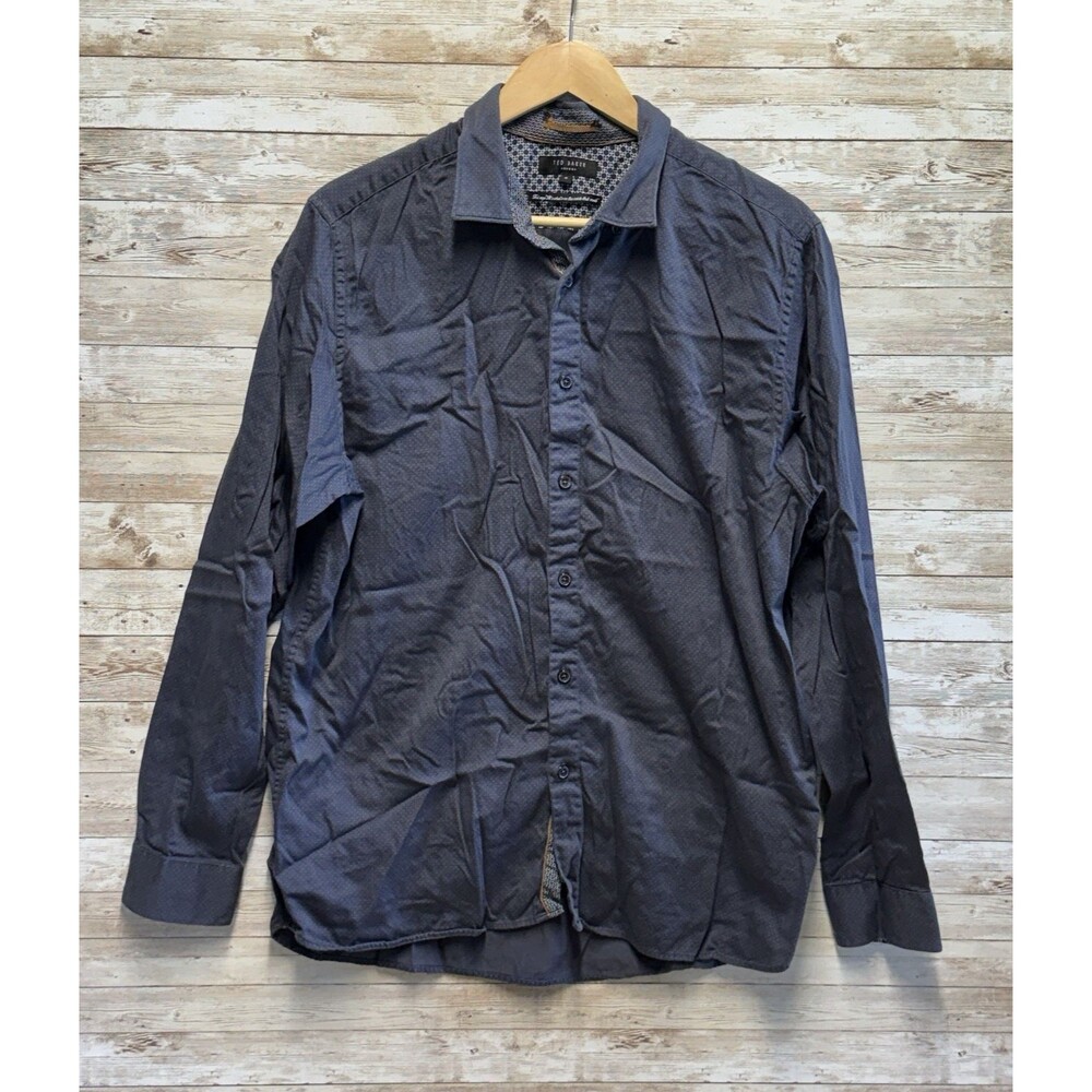 Ted Baker London Button Down Shirt Long Sleeve Dark Blue Microdot Mens 6 (2XL)